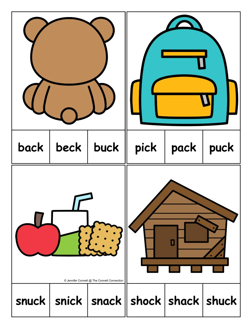Vowel-choice clip cards for back, pack, snack, and shack, with picture cues and three words on each card