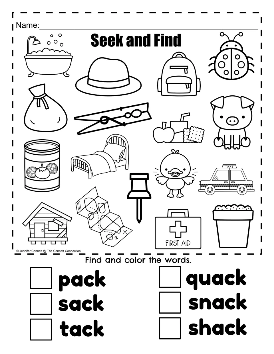 Seek and Find for -ack words: students find and color pictures of pack, sack, tack, quack, snack and shack among others