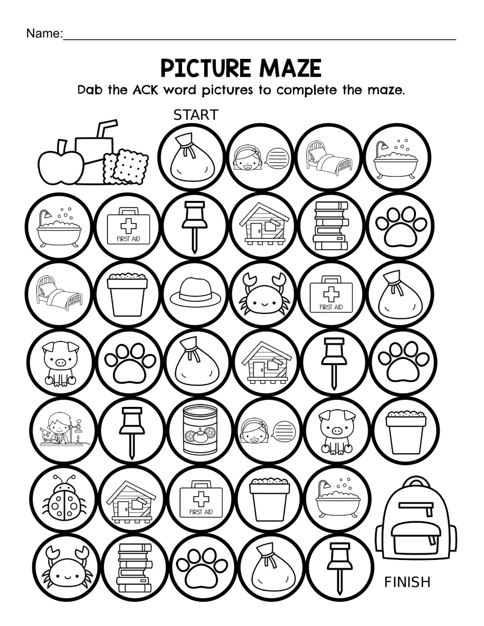 Picture maze: students dab pictures that name -ack words, like sack, tack and shack, to trace a path from start to finish