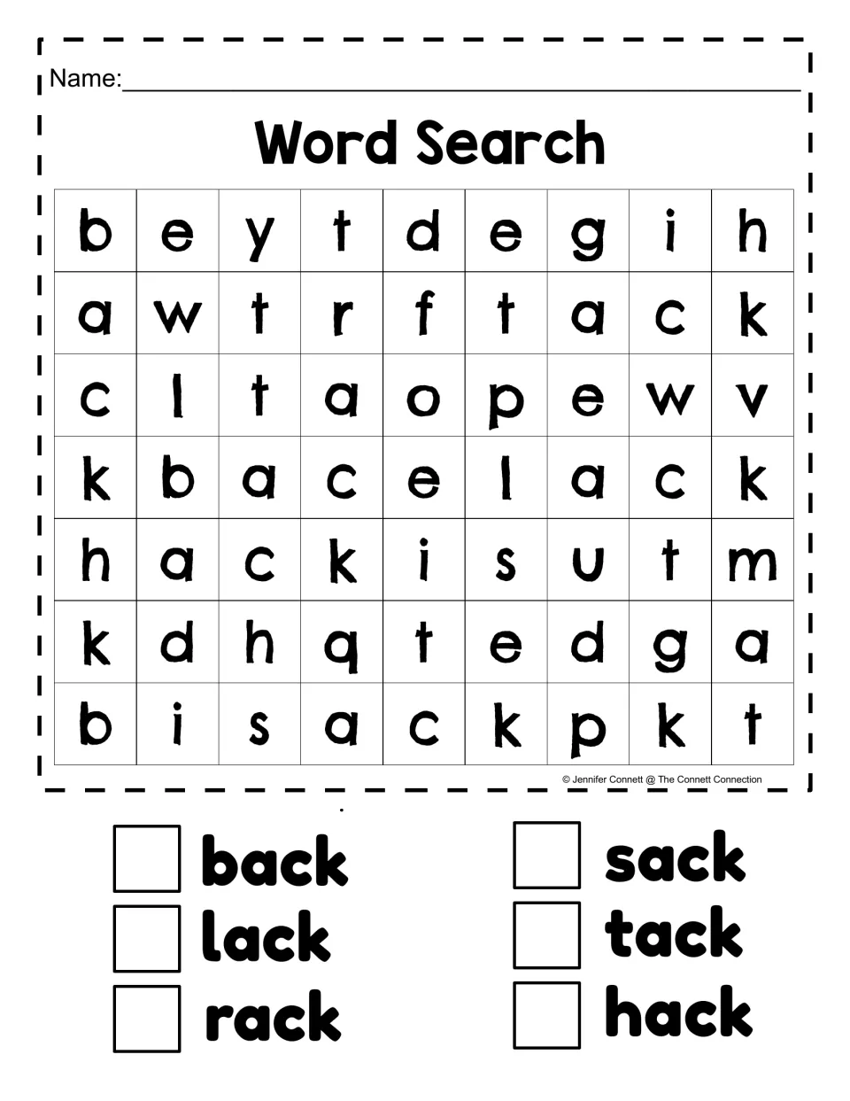 Word search: students find back, lack, rack, sack, tack and hack in a letter grid, then check off each -ack word found