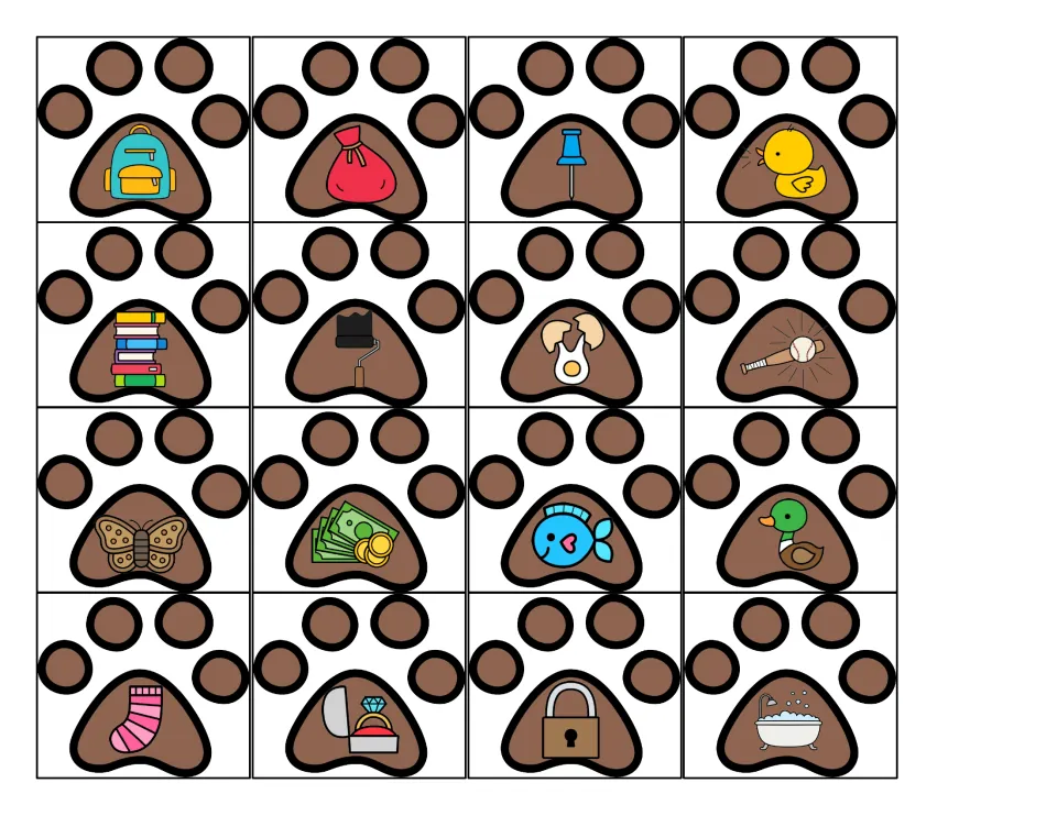 -ack picture cards: 16 paw prints showing backpack, push pin, cracked egg, moth, cash, sock, lock and more to sort by sound