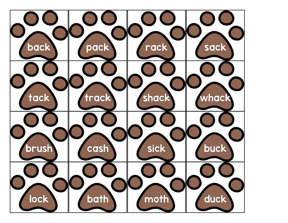 -ack word sort cards: back, pack, rack, track and whack mixed with non-examples brush, cash, sick, lock, moth and duck