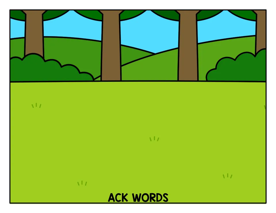 ACK WORDS sorting mat: a forest and grass scene where students place every card that ends in the -ack word family