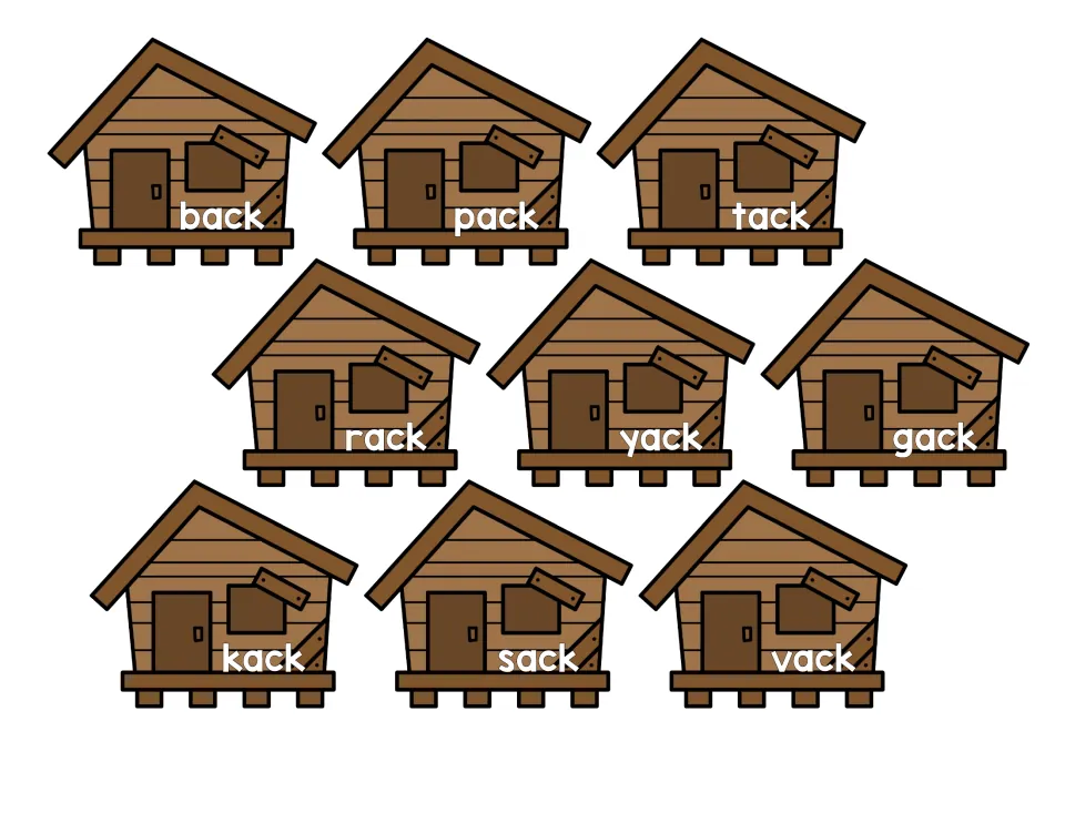Real or nonsense -ack words on cabin cards: back, pack, tack, rack and sack alongside made-up yack, gack, kack and vack