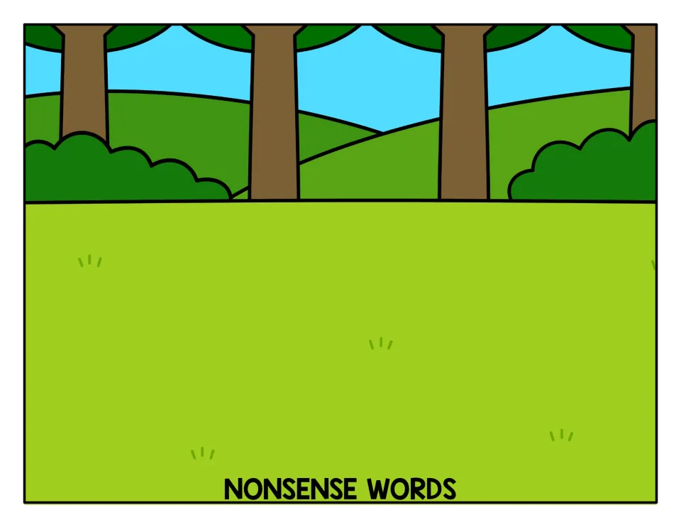 NONSENSE WORDS sorting mat: a grassy forest scene where students place made-up -ack words such as yack, gack and vack