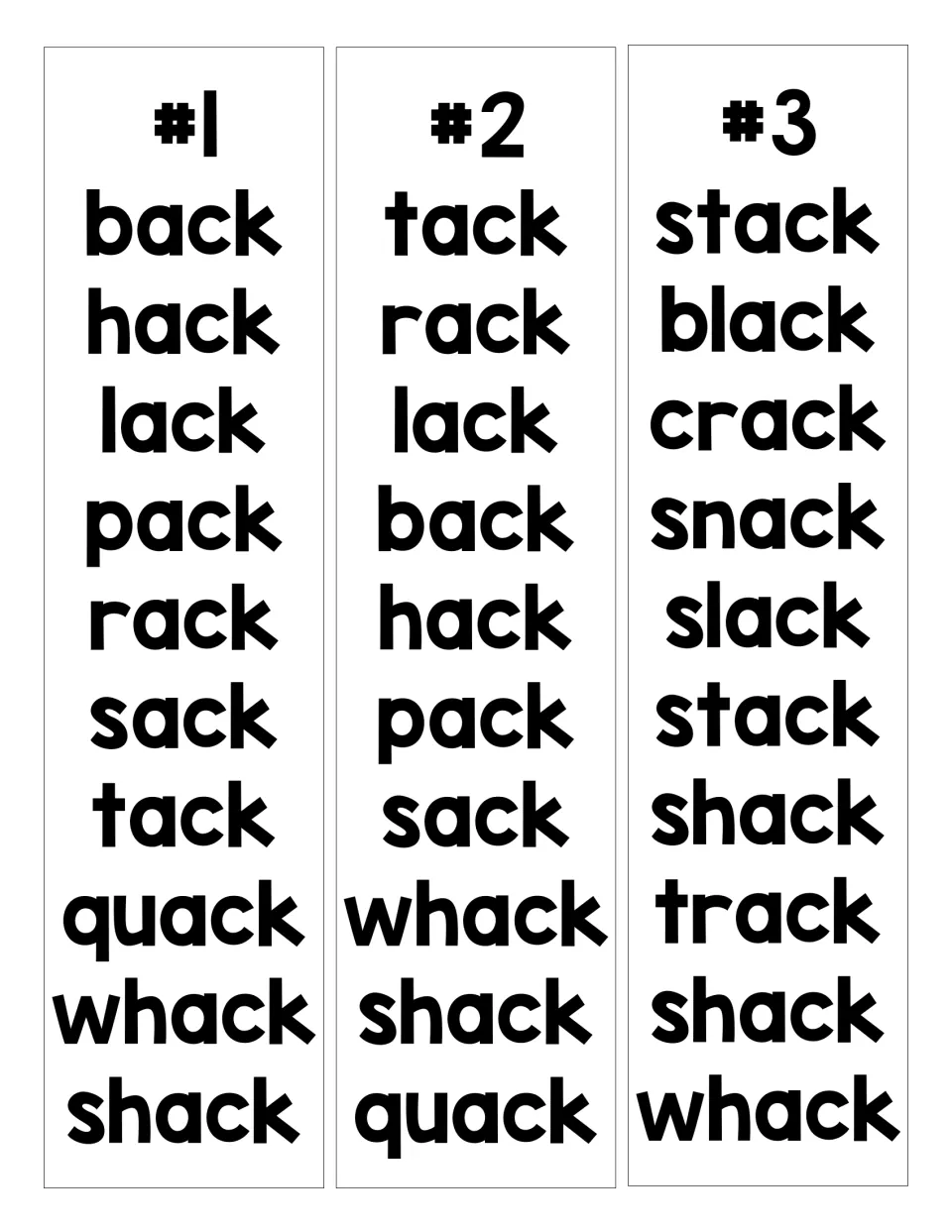 -ack word family lists: three numbered sets of 10 words, from back and hack to stack and whack, for reading aloud
