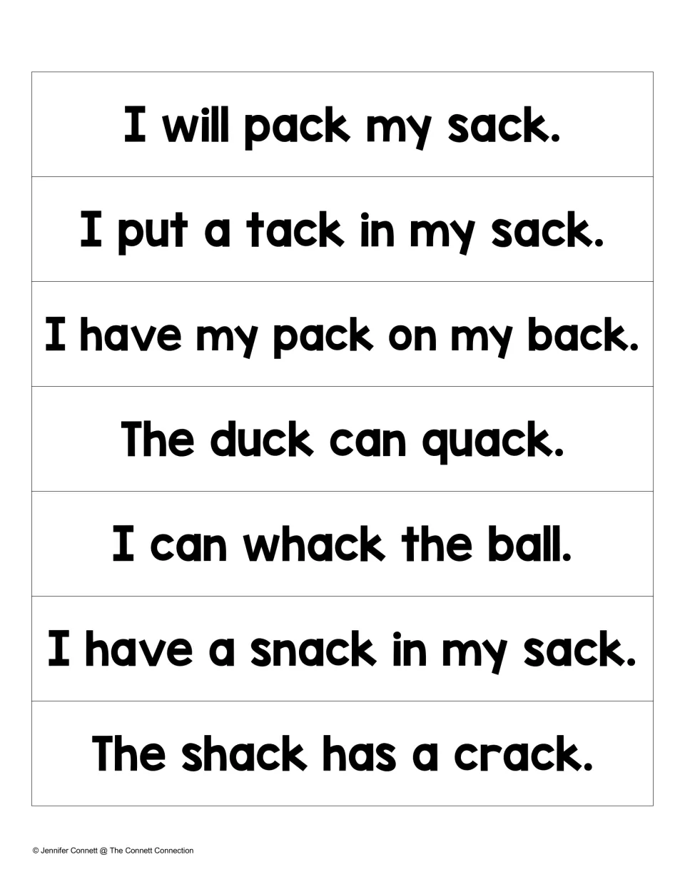 -ack sentence strips: seven short sentences to read, such as "I will pack my sack." and "The shack has a crack."
