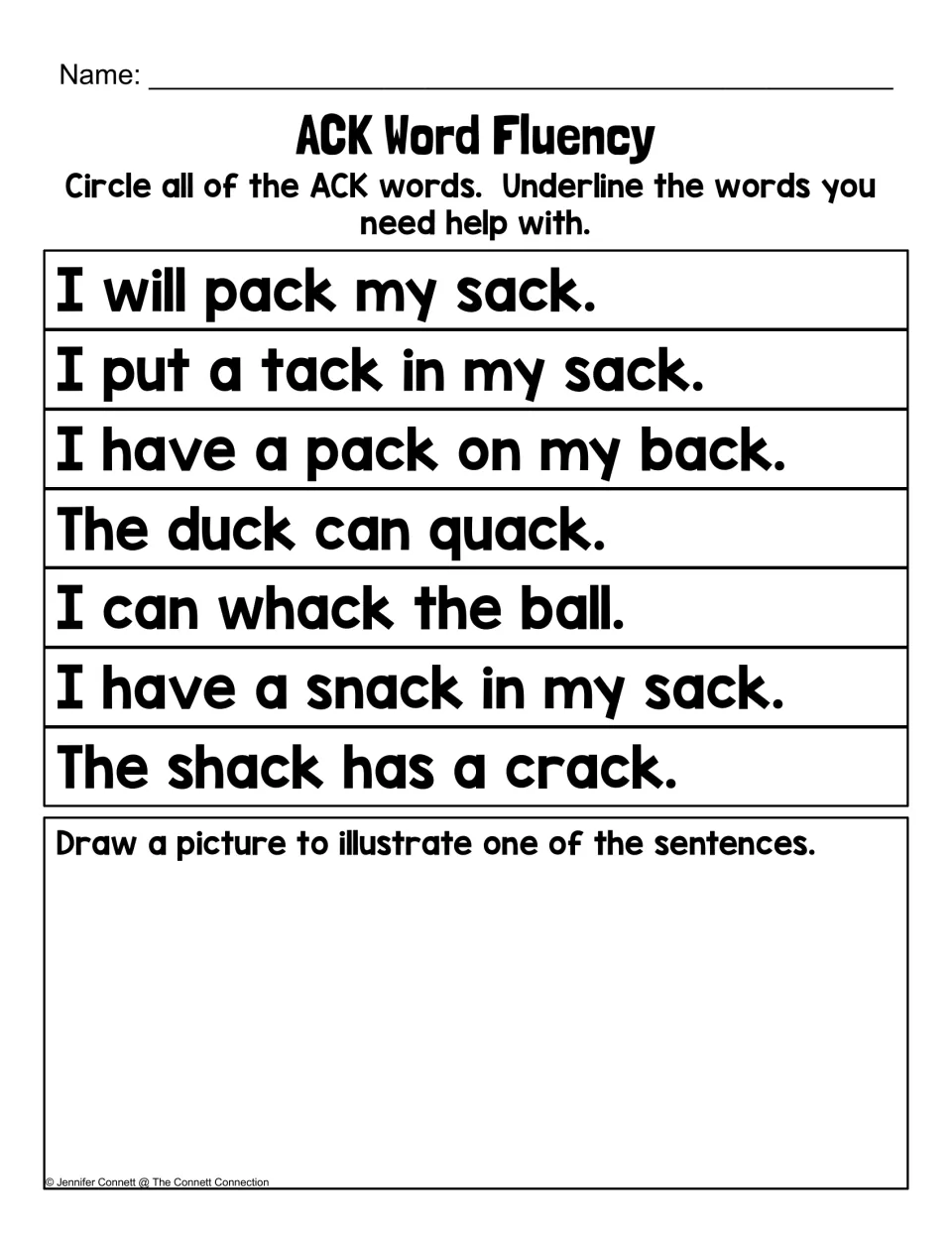 -ack sentence reading: students circle every -ack word in seven sentences, underline tricky words, then illustrate one