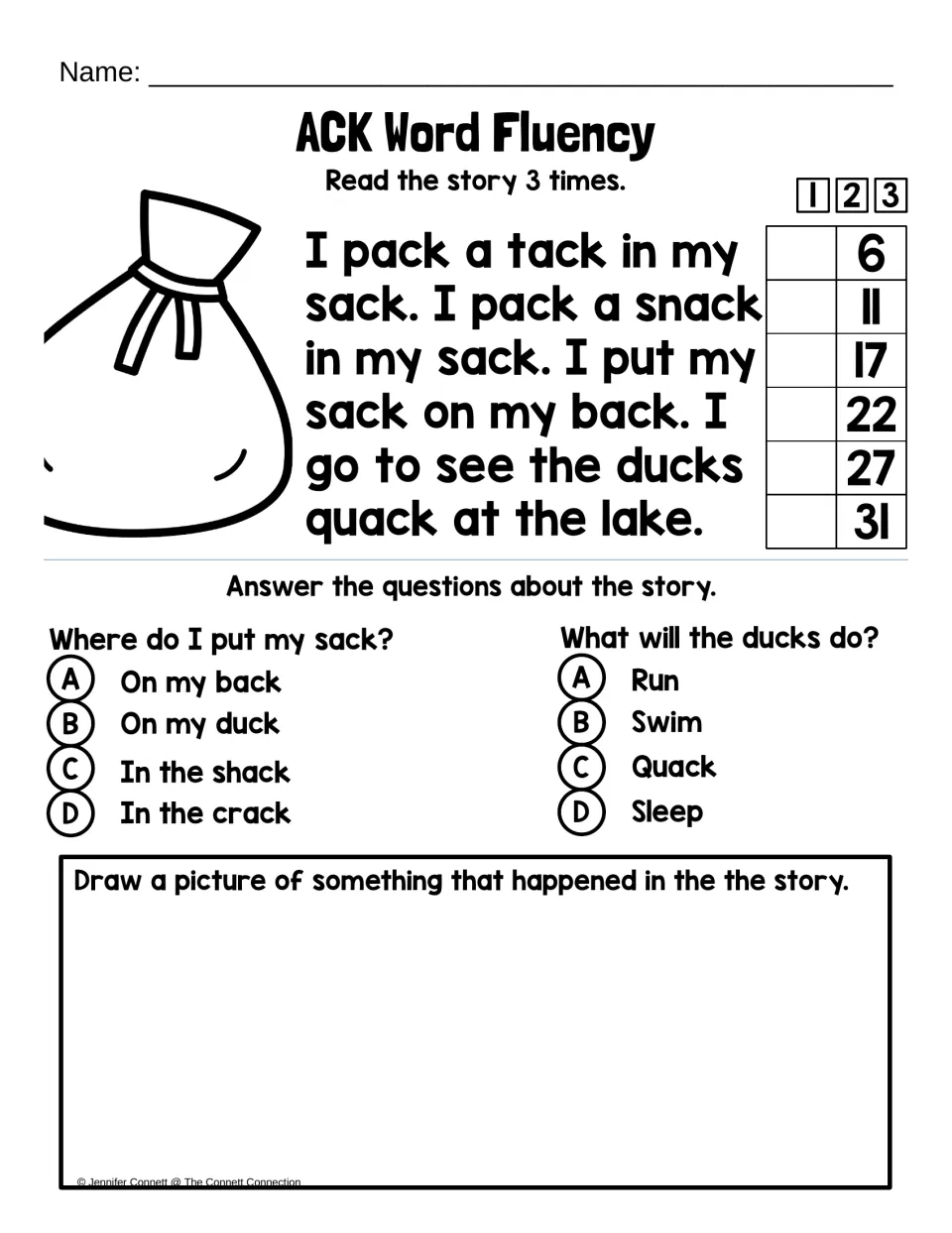-ack story fluency: students read a short story about packing a sack 3 times, answer 2 multiple-choice questions and draw