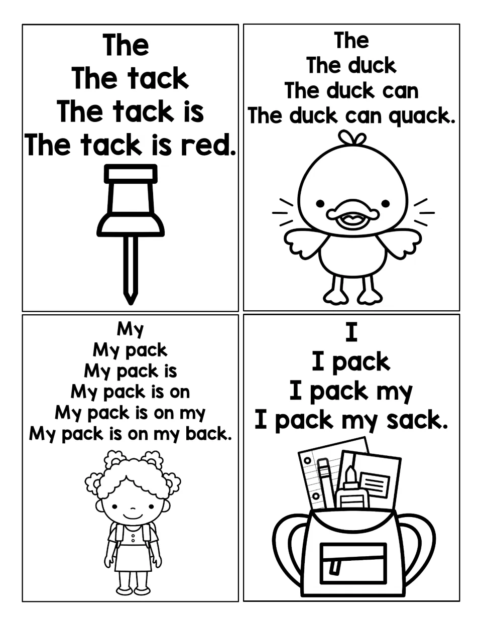 -ack word sentence pyramids: students read lines that grow to The tack is red, The duck can quack and I pack my sack
