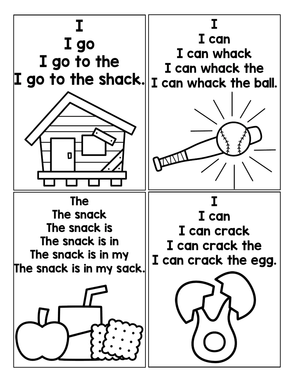 More -ack pyramids: students read up to I go to the shack, whack the ball, the snack is in my sack, crack the egg