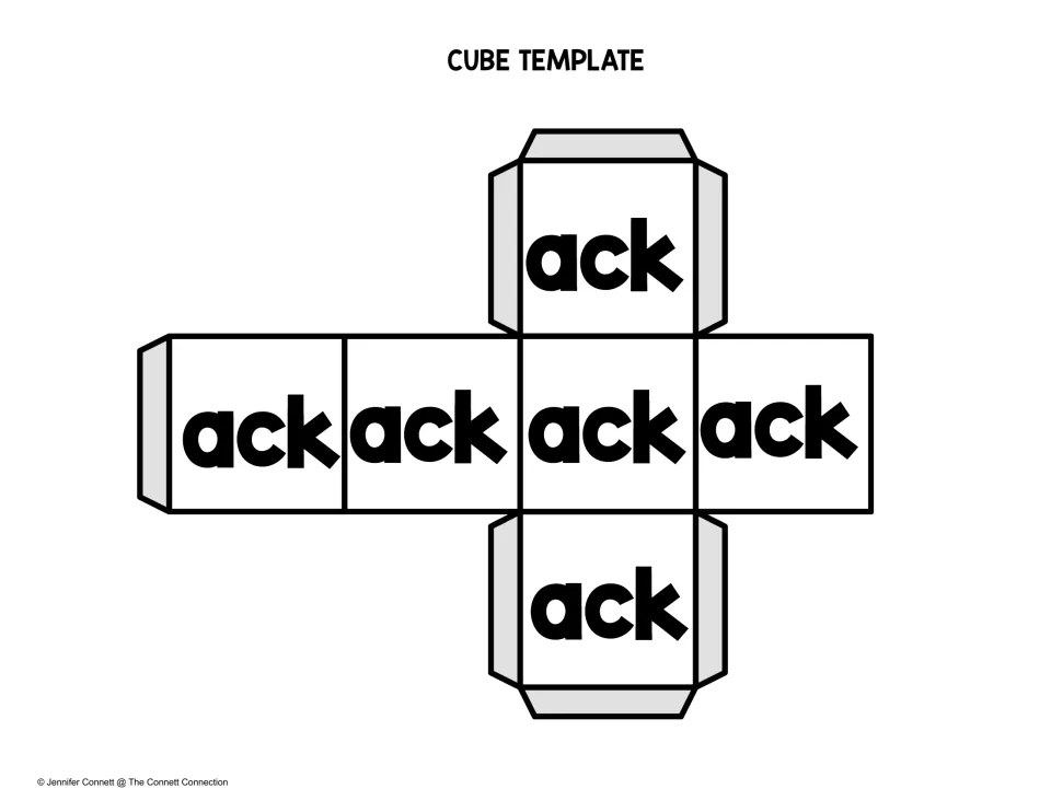 Cube template for the -ack word family: a fold-up die printing the ending ack on all six faces, for building words