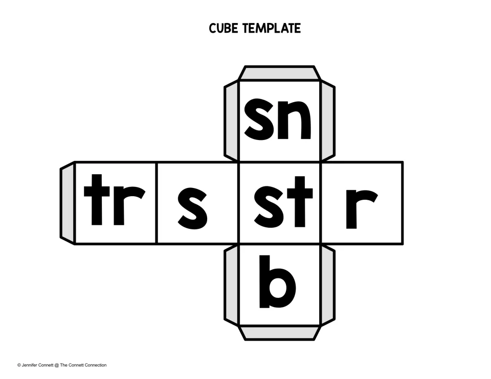 Cube template of beginning sounds sn, tr, s, st, r and b on a fold-up die to roll and blend with -ack to make words
