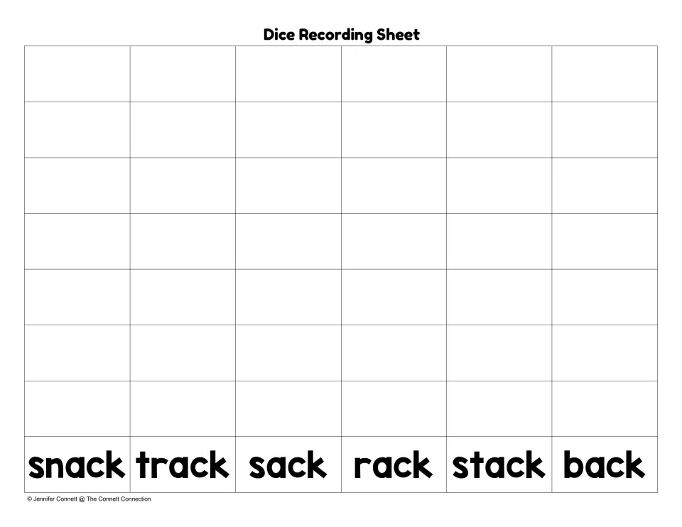 Dice recording sheet for -ack words: students record rolls of snack, track, sack, rack, stack and back in each column