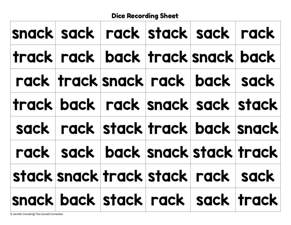 Dice recording sheet printed with 48 -ack words (snack, sack, rack, stack, track, back) mixed in rows to read