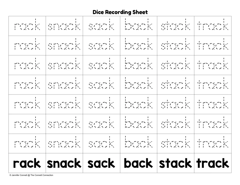 Dice recording sheet of dotted rack, snack, sack, back, stack and track words students trace after each roll