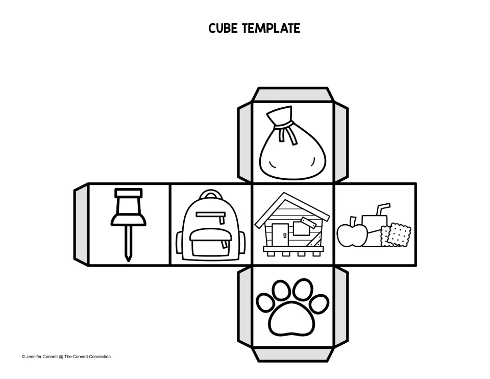 Black-and-white picture cube template showing a sack, tack, backpack, shack, snack and paw print to name as -ack words