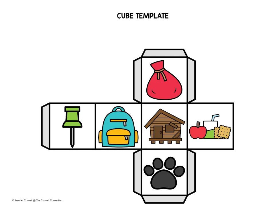 Color picture cube template: red sack, tack, backpack, shack, snack and paw print to roll and name as -ack words
