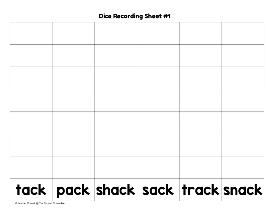 Dice Recording Sheet #1 for picture-die rolls: students record tack, pack, shack, sack, track and snack by column