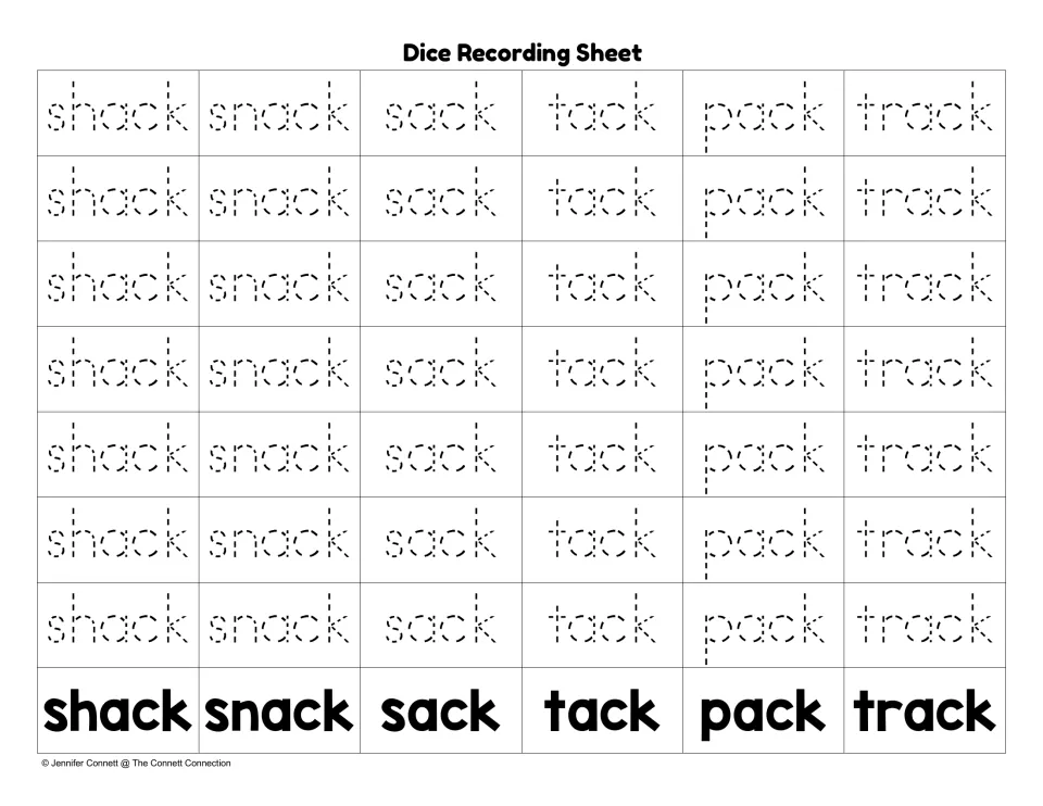 Tracing recording sheet for the picture die: dotted shack, snack, sack, tack, pack and track words to trace per roll