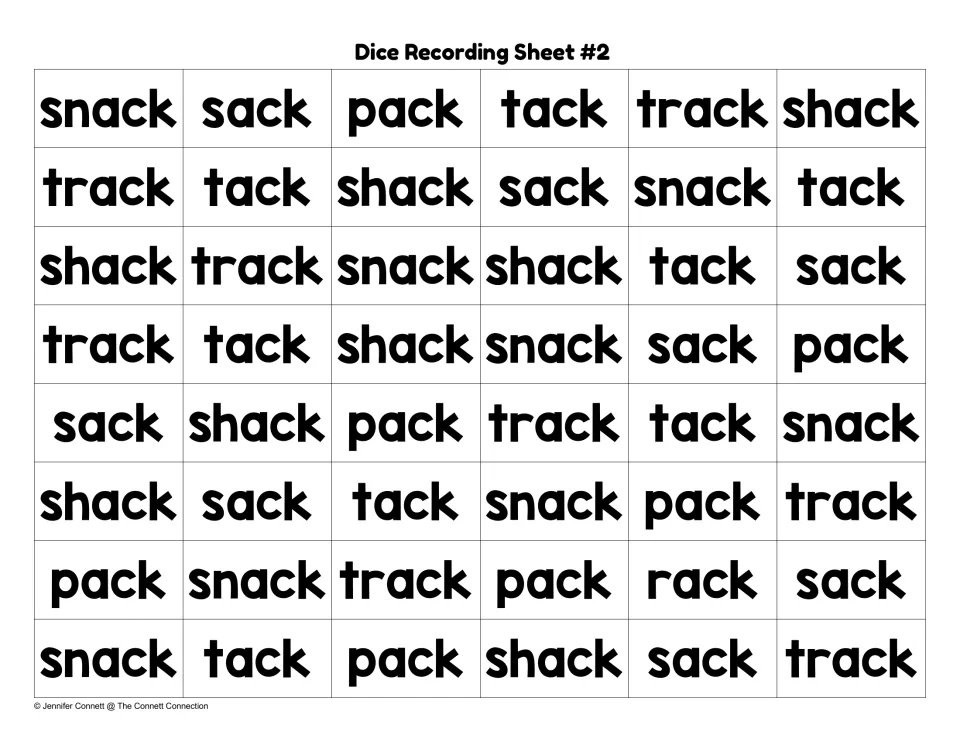 Dice Recording Sheet #2 printed with mixed shack, snack, sack, tack, pack and track words for students to read