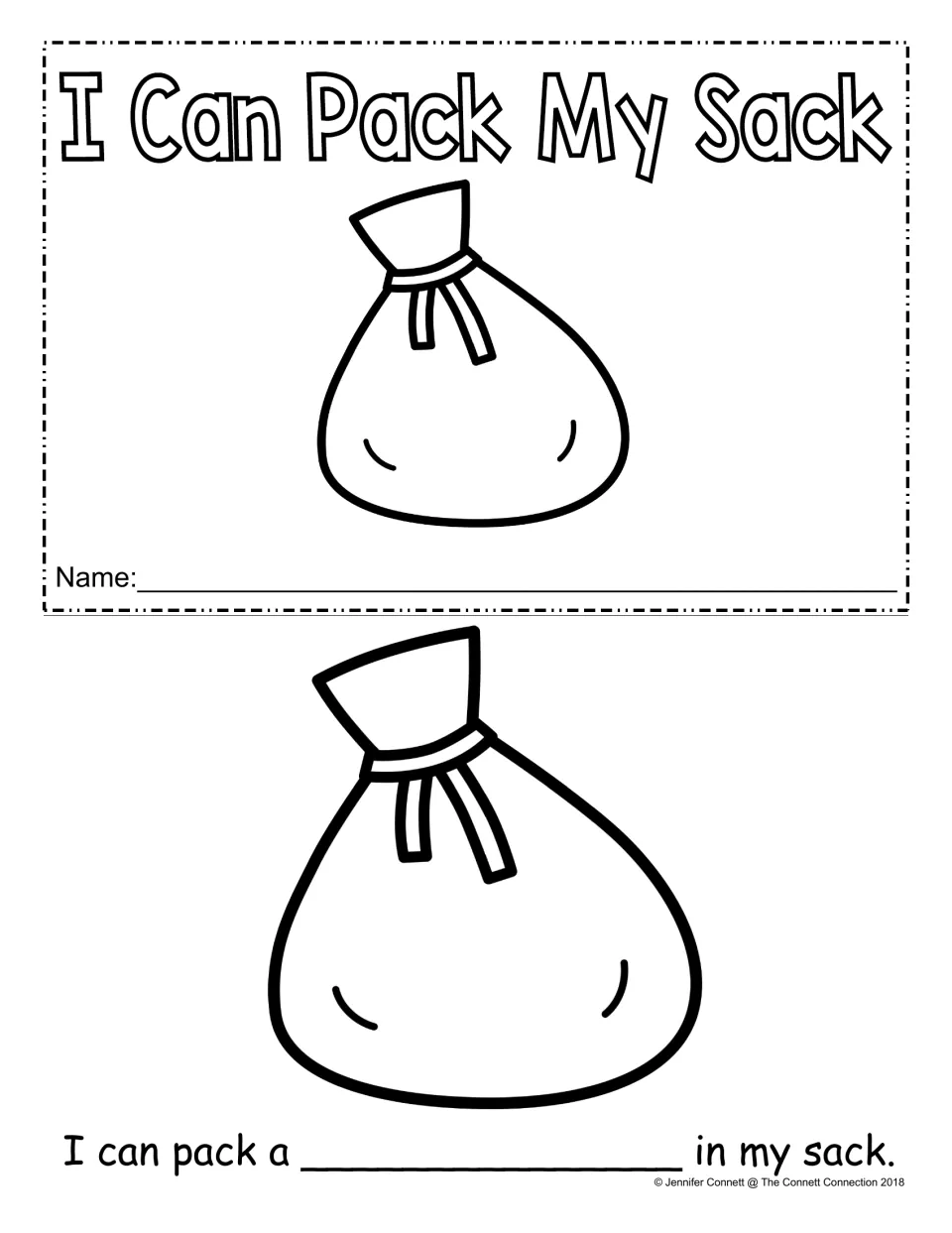 Emergent reader booklet cover with a sack drawing and name line, plus a first page where students write a word to pack