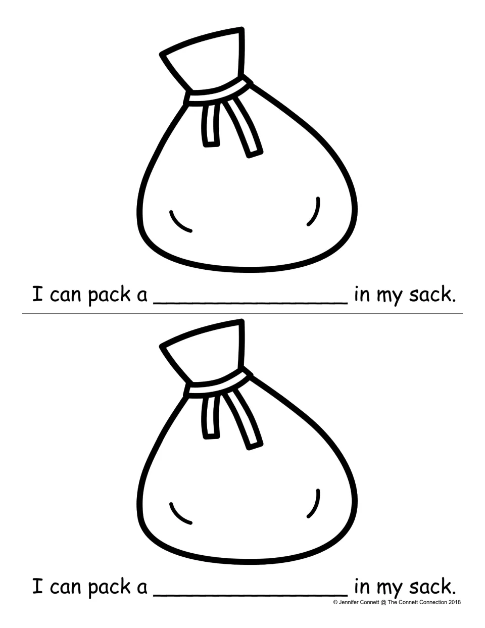 Two reader pages, each with a sack drawing: students write an item in the blank of 'I can pack a ___ in my sack'
