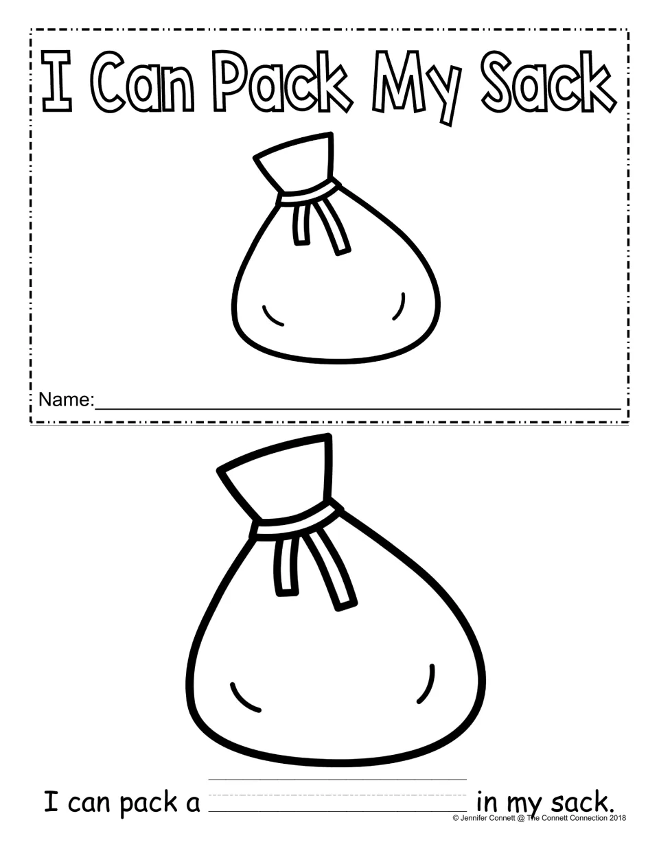 Alternate booklet cover and first page with dashed handwriting lines in the blank for printing the item to pack