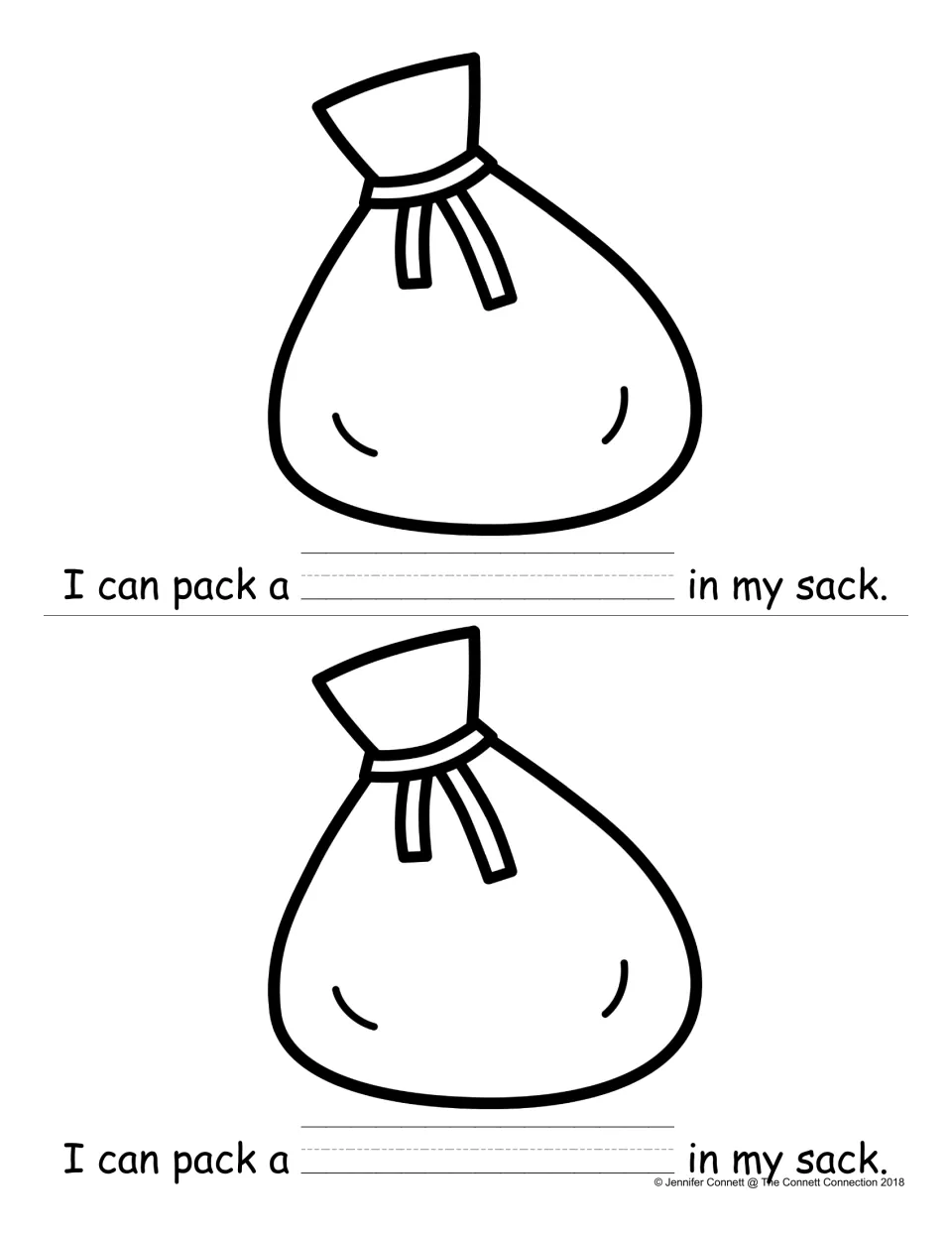 Sack drawings with 'I can pack a ___ in my sack' on dashed handwriting lines; students print the item they pack