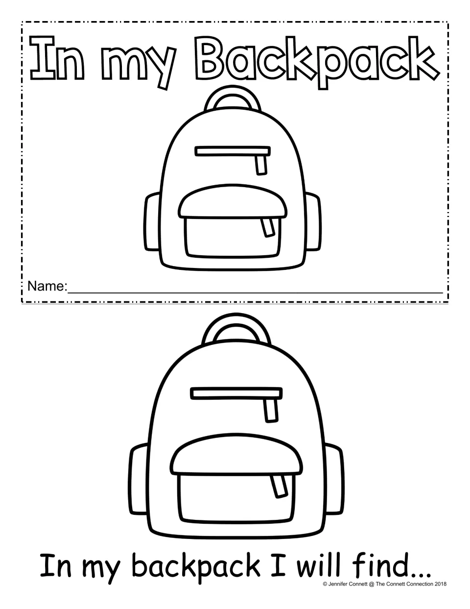 In My Backpack mini-book cover with name line and backpack picture, plus first page: In my backpack I will find...