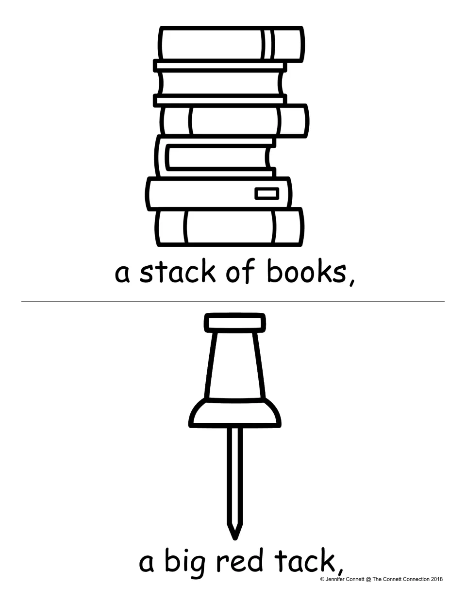 Backpack reader pages: students read -ack words in 'a stack of books' and 'a big red tack' beside matching pictures