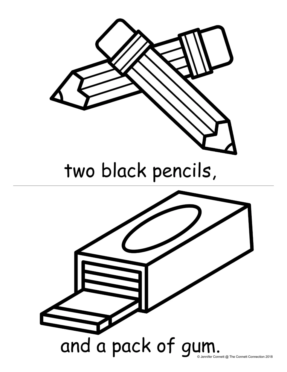 Final reader pages: students read -ack words in 'two black pencils' and 'and a pack of gum' with pictures
