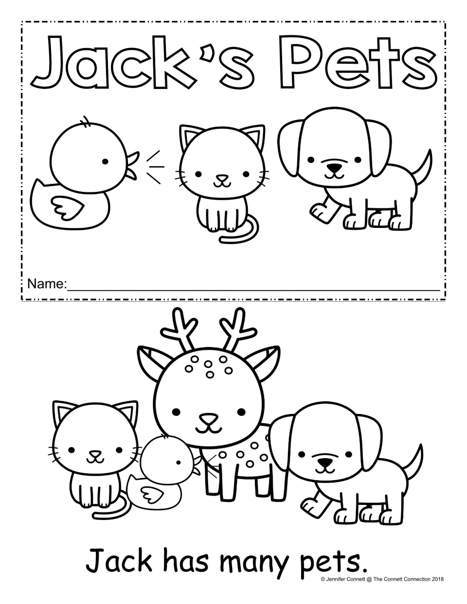Jack's Pets mini-book cover with a name line, plus first page: Jack has many pets, shown with a cat, duck, deer and dog