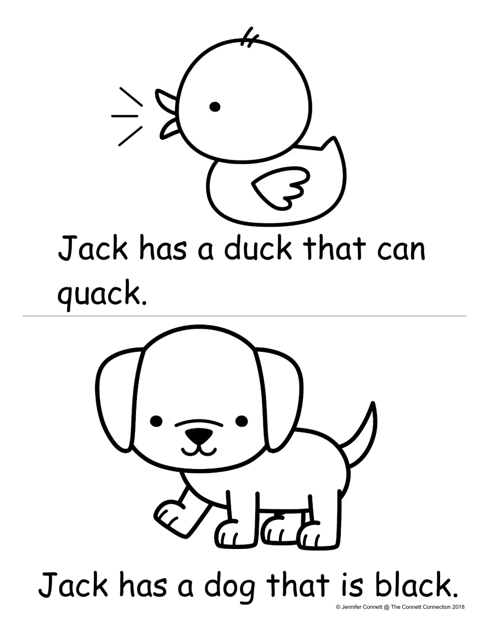 Reading -ack words: students read 'Jack has a duck that can quack' and 'Jack has a dog that is black' under each animal