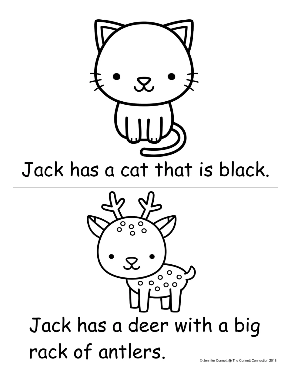 Reading -ack words in sentences about a black cat and a deer with a big rack of antlers, each under a picture of the animal