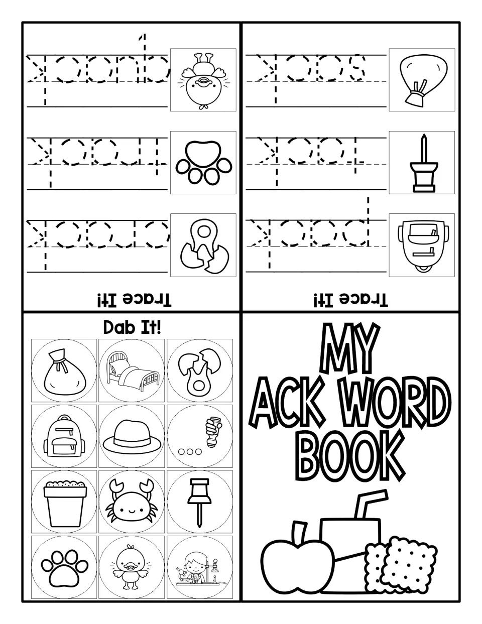 My ACK Word Book: students dab -ack pictures, then trace quack, track, crack, sack, tack and pack beside each picture