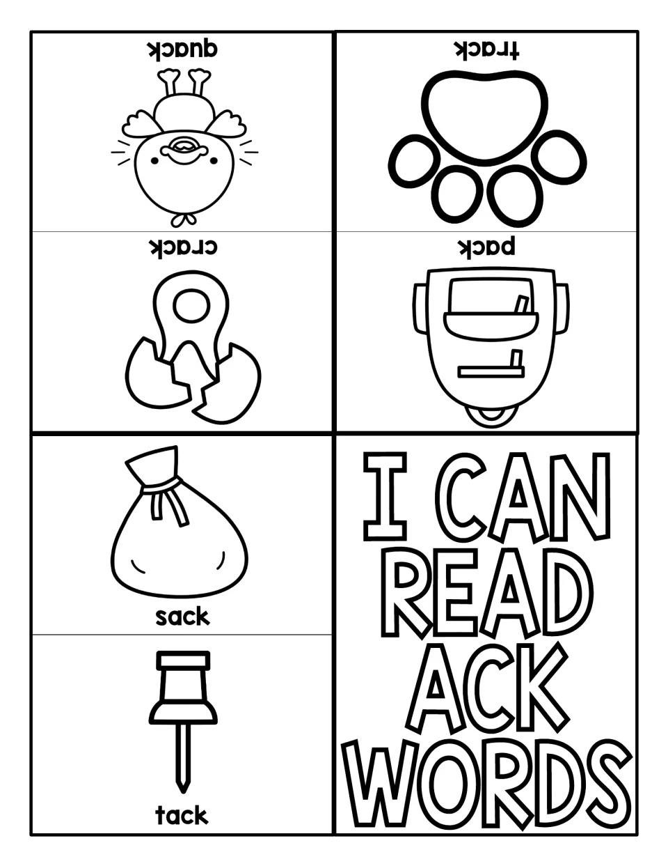 I Can Read ACK Words booklet: students read sack, tack, pack, track, crack and quack, each labeled under a picture