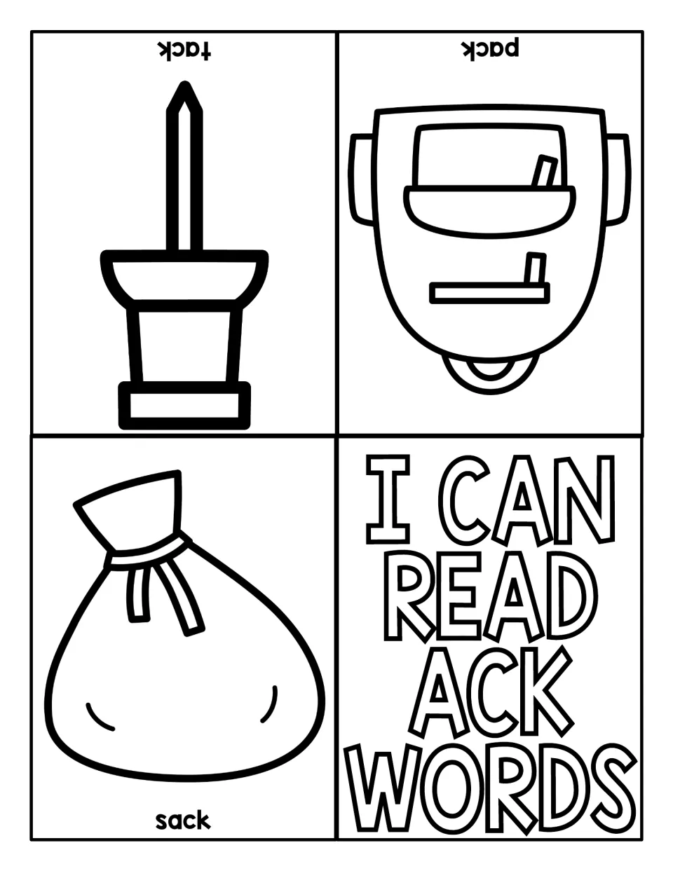 Short -ack reading booklet: students read sack, tack and pack, each word printed under a matching picture