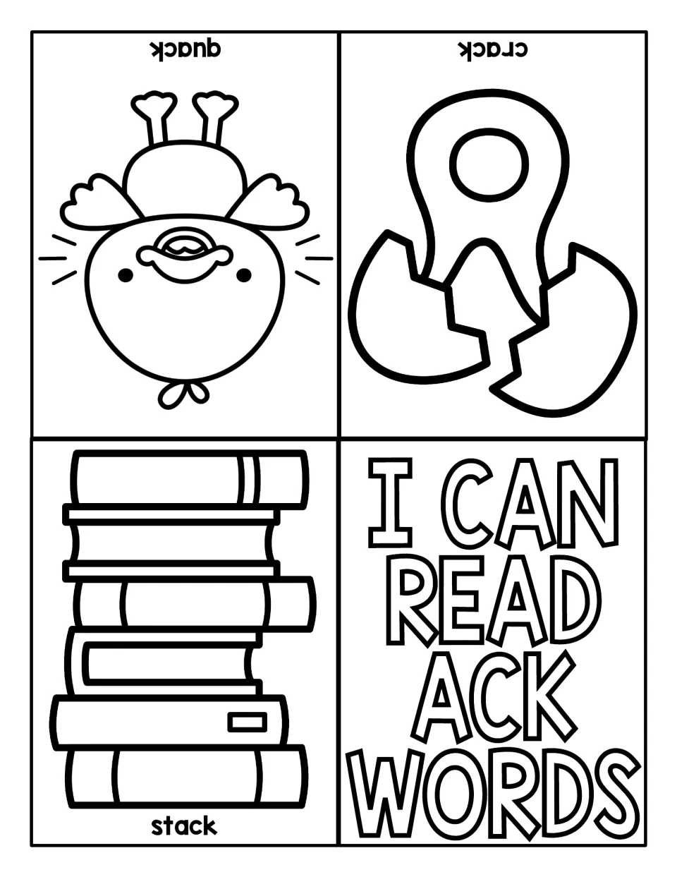 -ack word reading booklet: students read stack, crack and quack, each shown with a picture of books, an egg or a duck