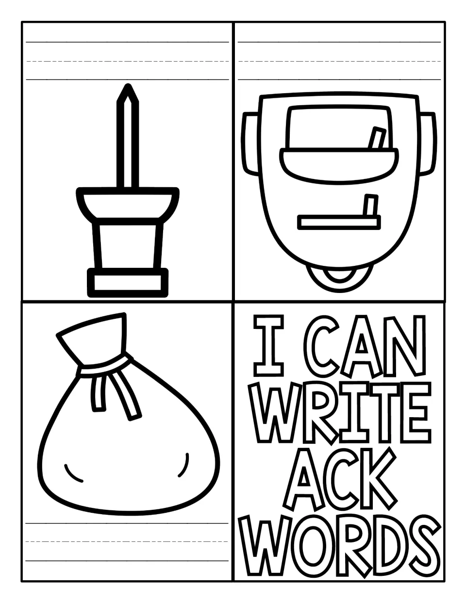 I Can Write ACK Words booklet: students write the -ack word for pictures of a tack, a backpack and a sack