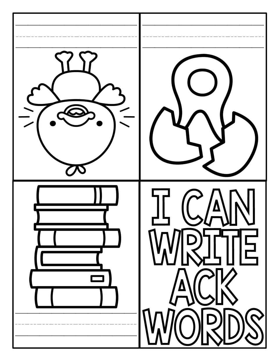 Writing -ack words booklet: students write the word for pictures of a duck, a cracked egg and a stack of books