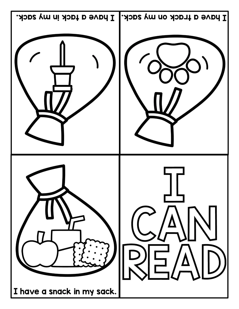 I Can Read sentence booklet: students read I have a snack in my sack, a tack in my sack and a track on my sack