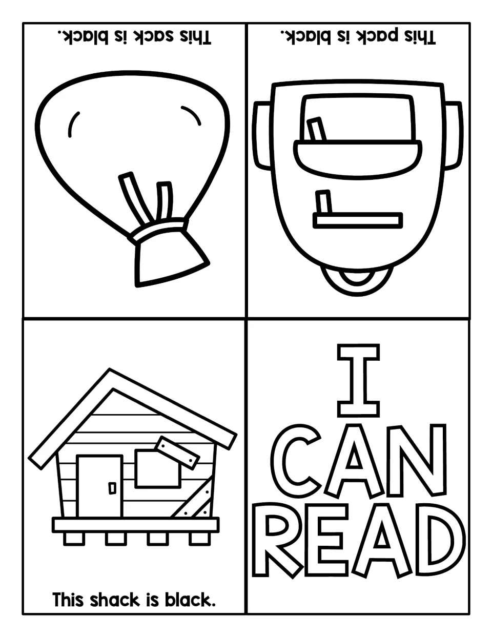 -ack sentence reader: students read This shack is black, This pack is black and This sack is black with pictures