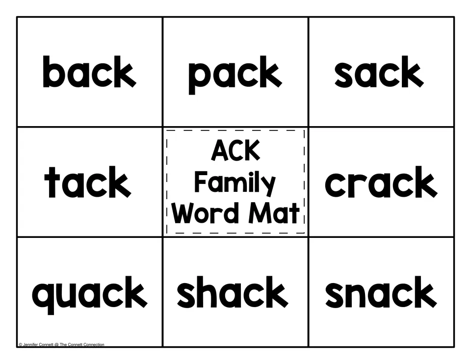 ACK family word mat: back, pack, sack, tack, crack, quack, shack and snack for students to read and match to pictures