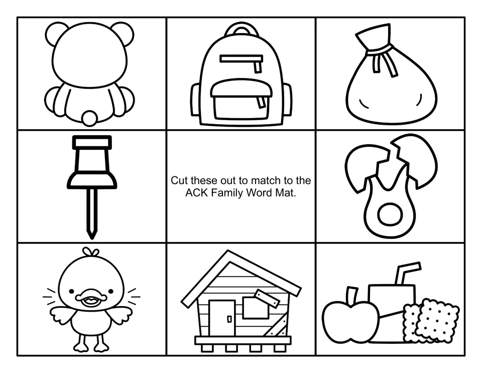 Black-and-white -ack picture cards to cut out: bear's back, backpack, sack, tack, cracked egg, duck, shack and snack