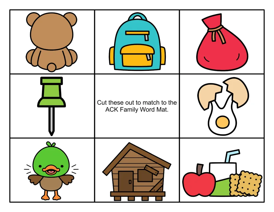 Color -ack picture cards to match to the word mat: bear's back, backpack, sack, tack, cracked egg, duck, shack, snack