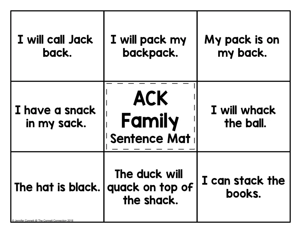 ACK family sentence mat: students read eight short -ack sentences such as 'I have a snack in my sack' and match pictures