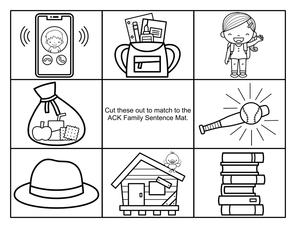 Black-and-white sentence picture cards to cut out: phone call, packed backpack, girl, snack sack, bat and ball, hat, books
