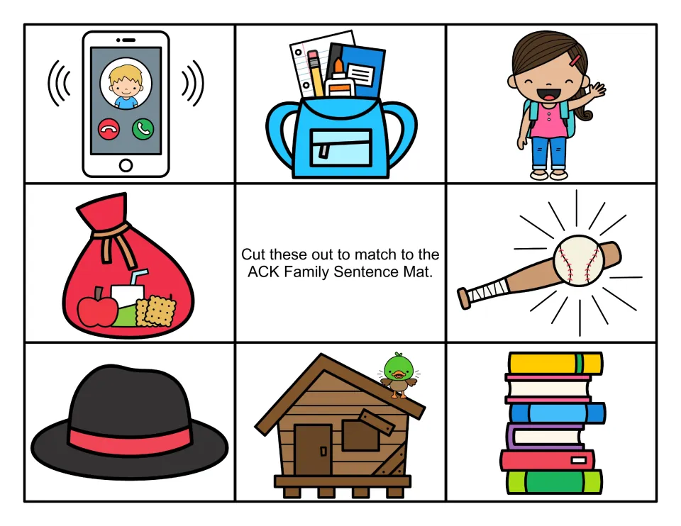 Color picture cards for the -ack sentences: ringing phone, full backpack, girl, sack of snacks, bat hitting ball, black hat
