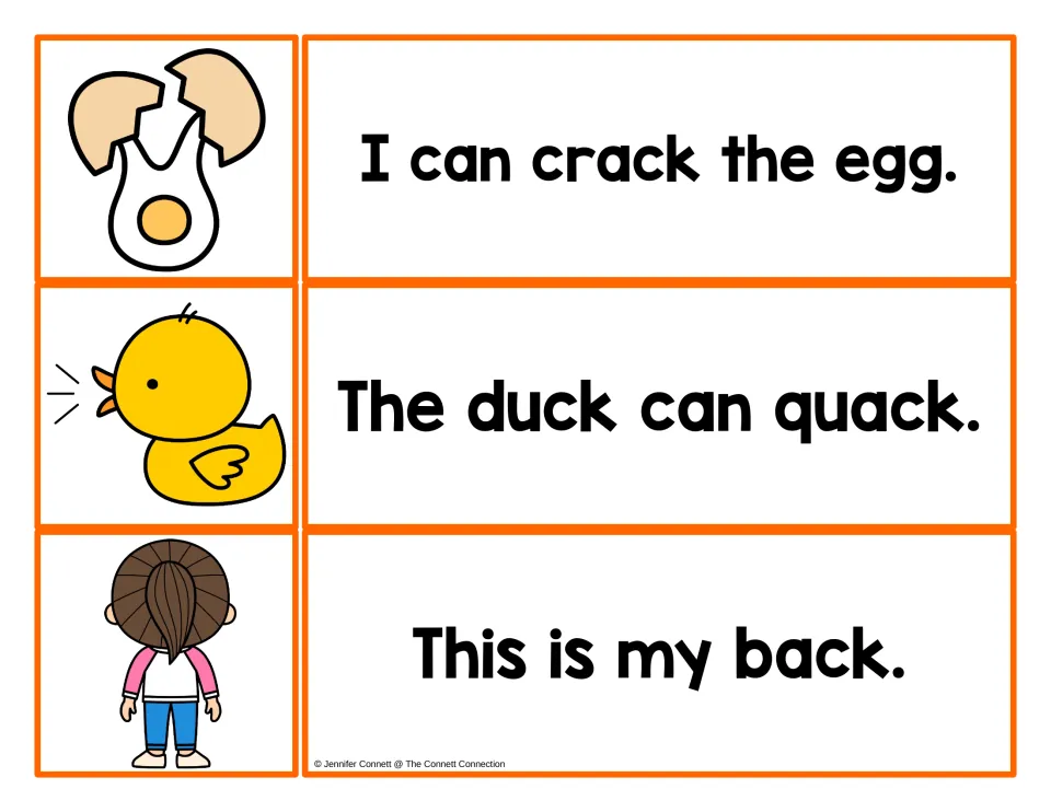 -ack word sentence cards: students read sentences with crack, quack and back and match each to an egg, duck or girl picture
